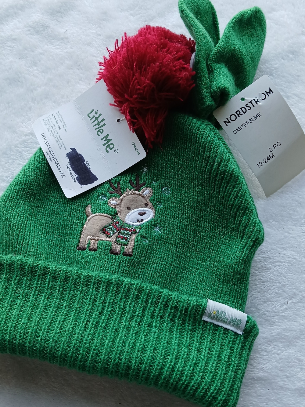 Little Me Green Knit Reindeer Hat + Red Pom + Mittens [Baby 12 to 24 Months] NWT